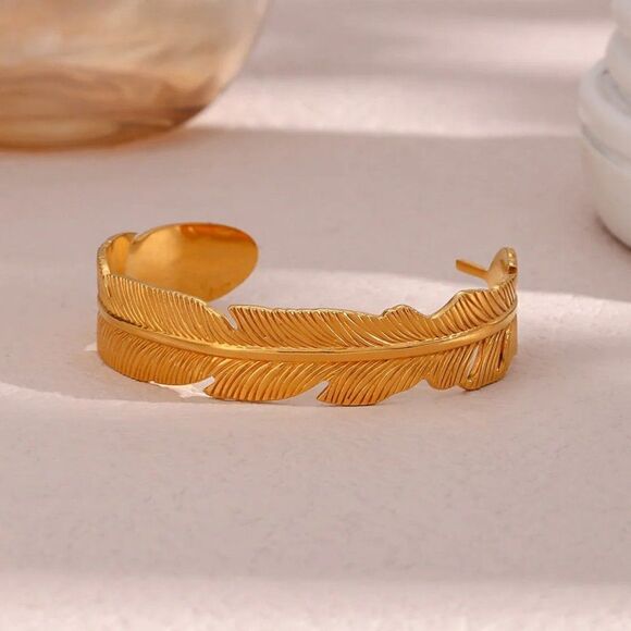 Feather Cuff Bangle Bracelet in Gold - Picture 10 of 12